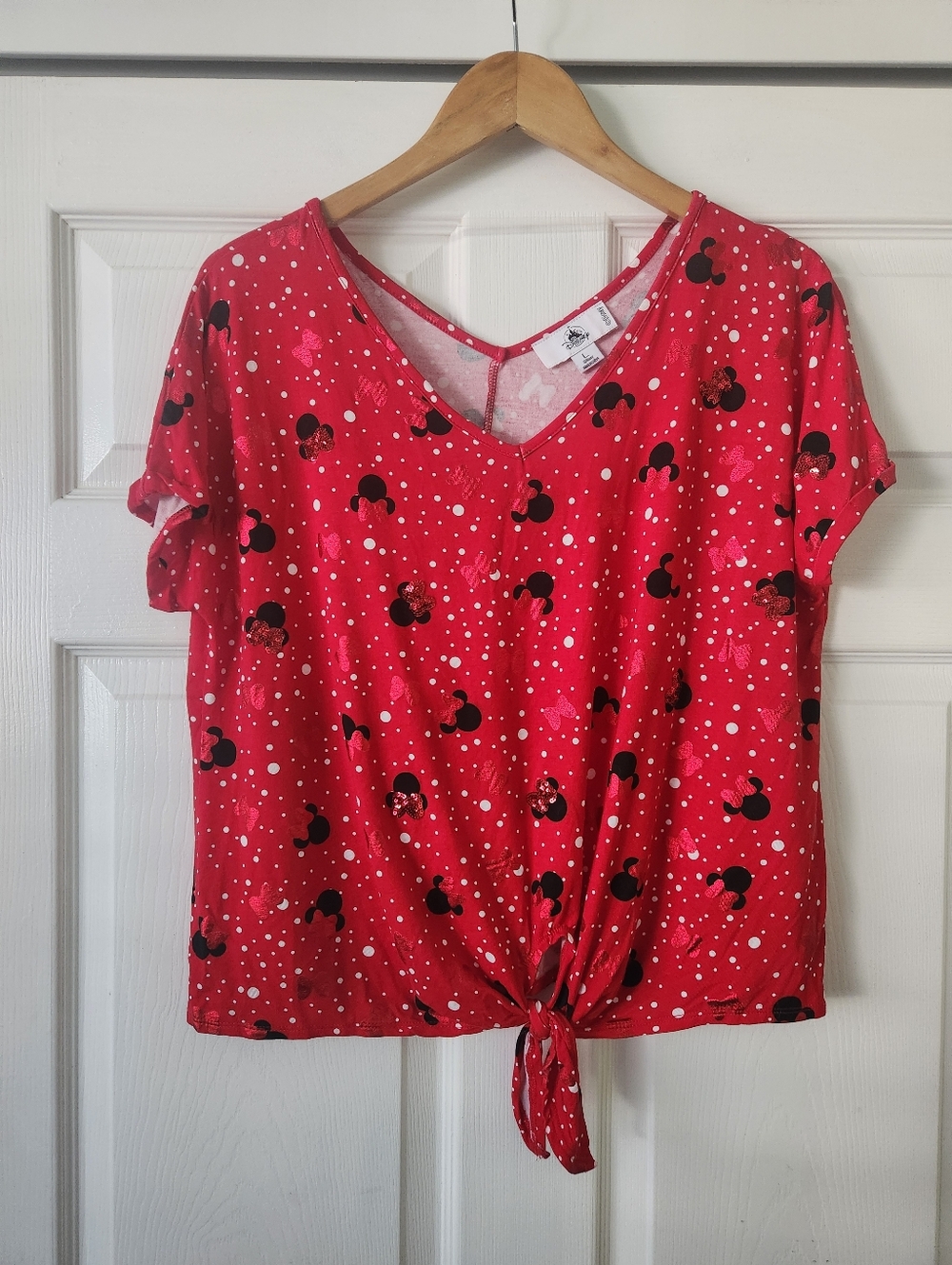 Disney Red Polka Dot V-Neck Tie-Front Top with Black Minnie Silhouettes - Large